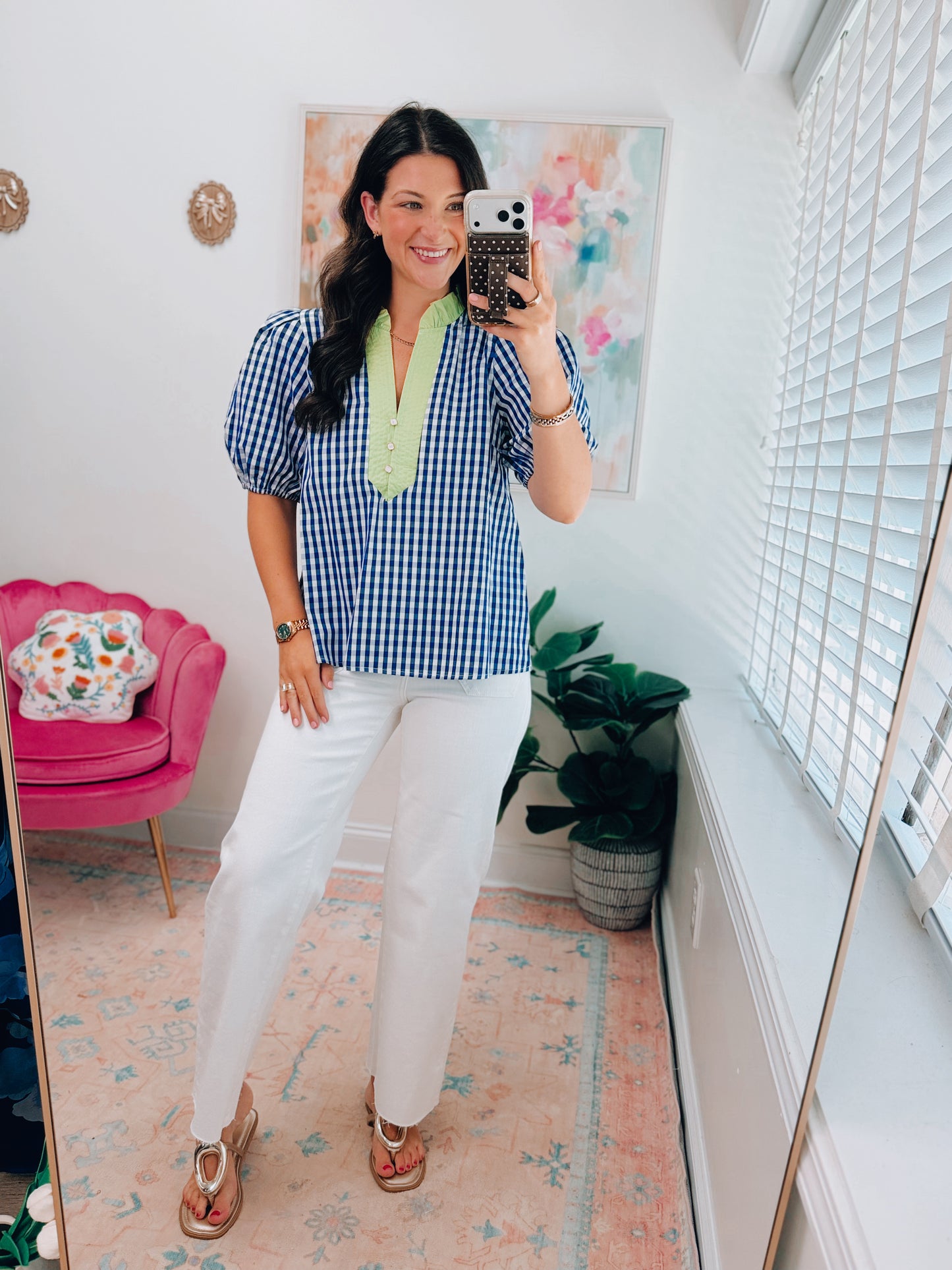 CURVY Indigo Checkered Lime Collar Top
