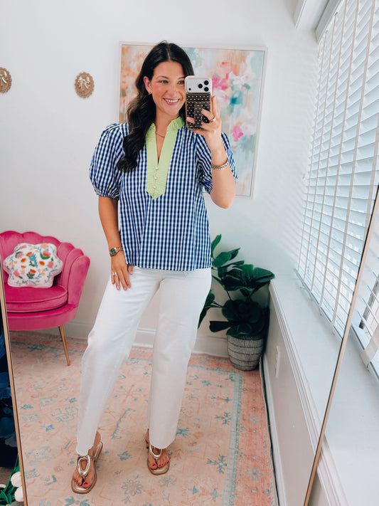 Indigo Checkered Lime Collar Top