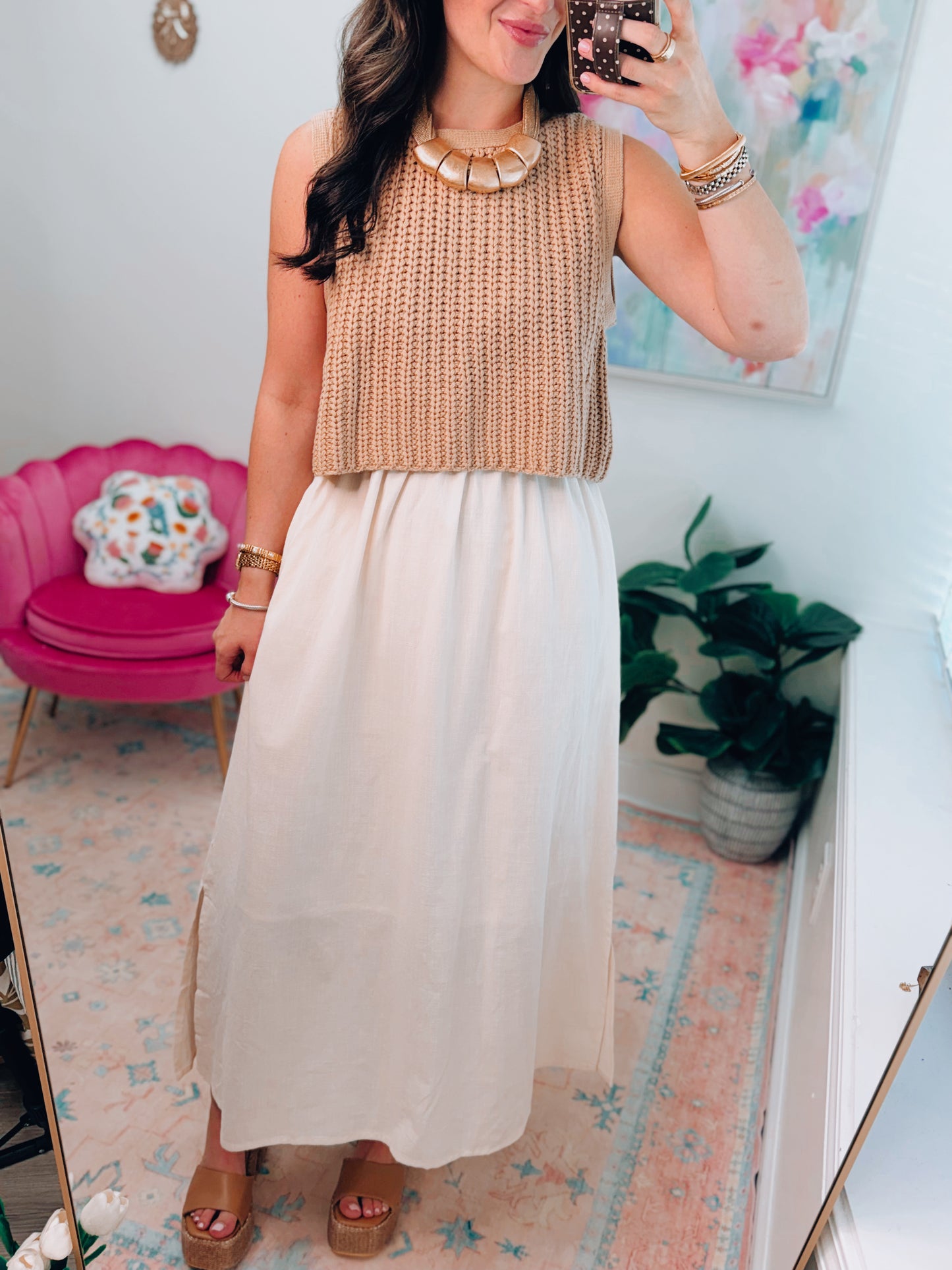 Mix Media Chunky Knit Mocha Midi Dress