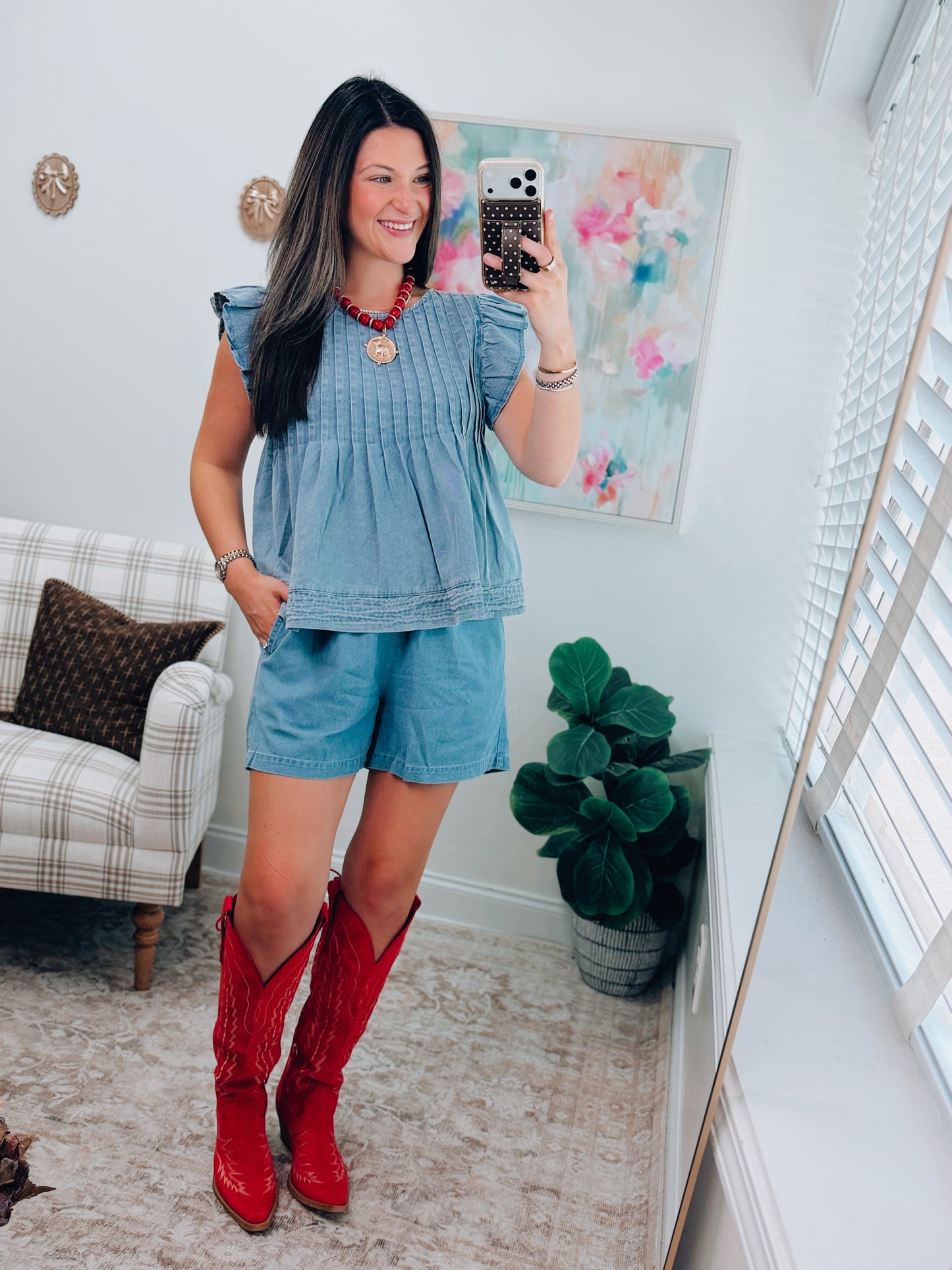 Pleated Denim Shorts Set