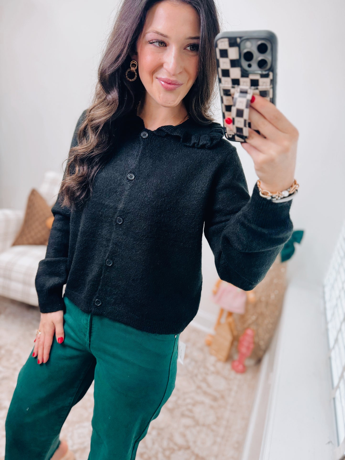 Ruffle Collar Cardigan Sweater - Black