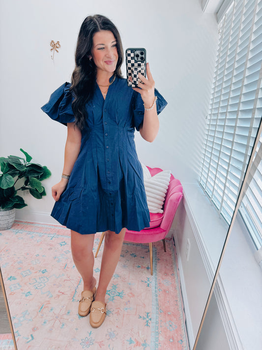 Navy Pleated Button Mini Dress
