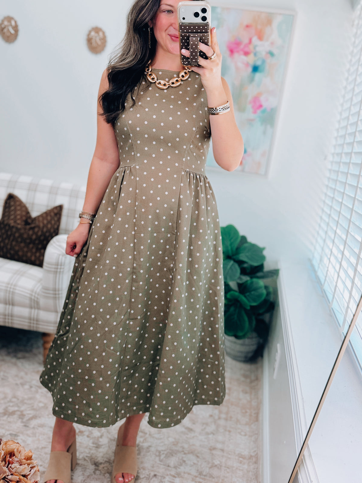 Marlow Olive Polka Dot Denim Midi Dress