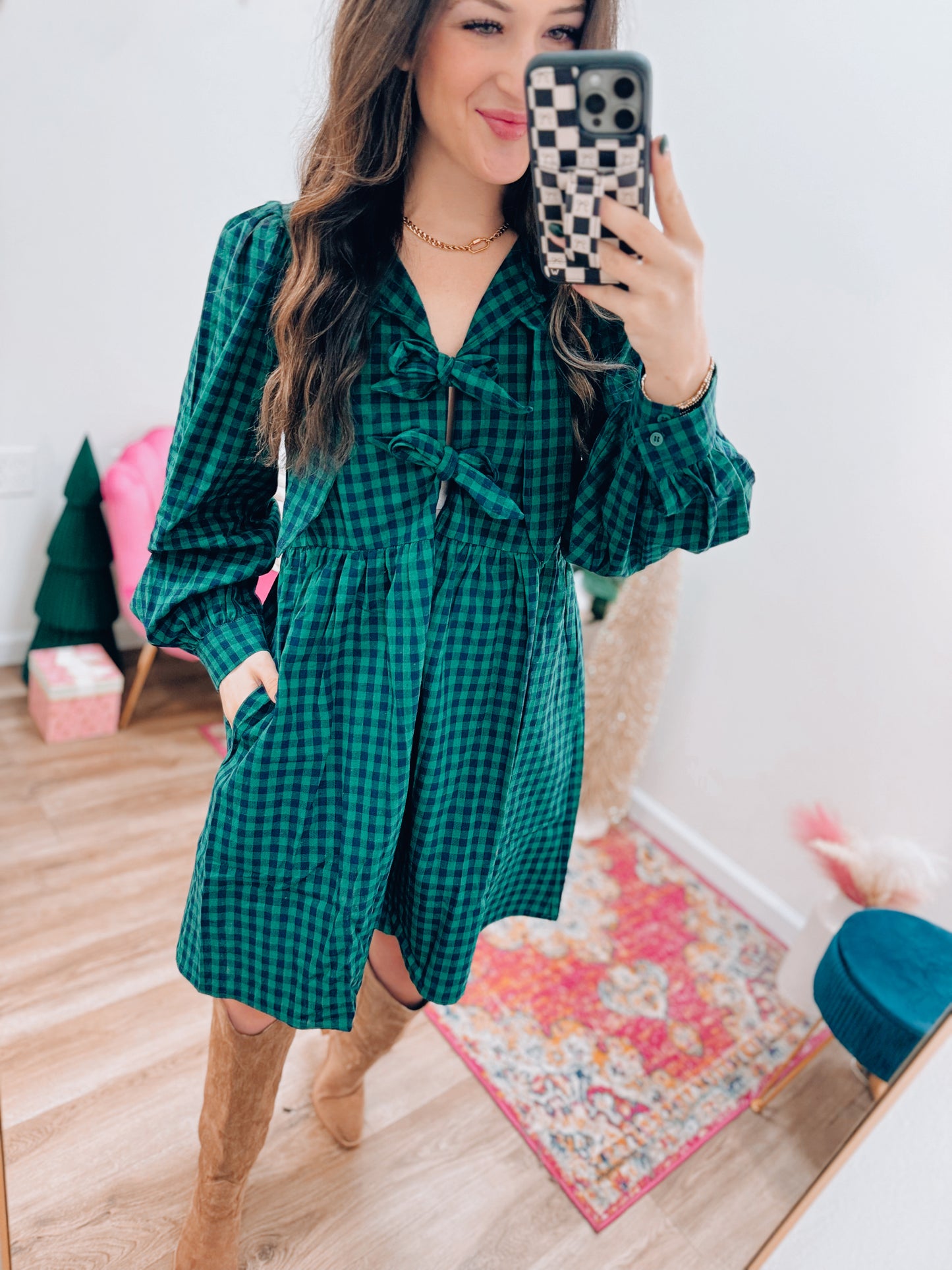 Lily Gingham Checkered Mini Bow Dress