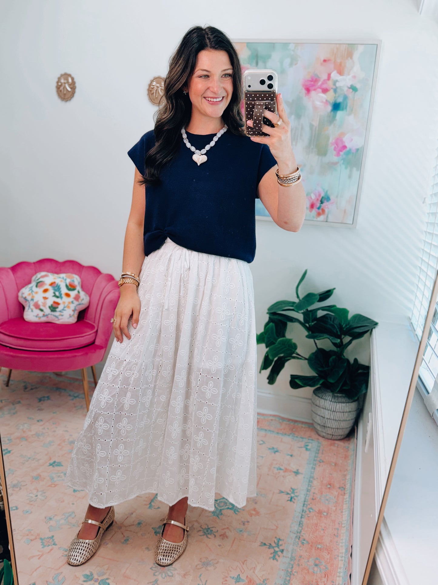 Eyelet Ruffle White Midi Skirt
