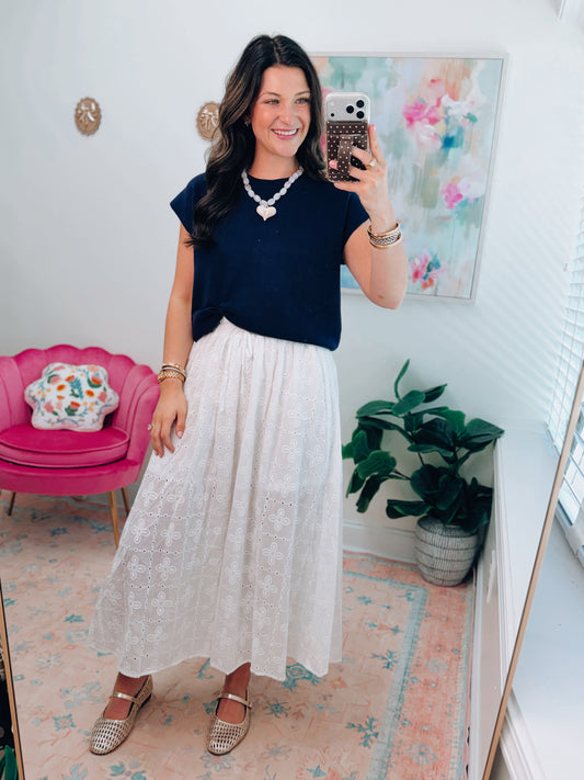 Eyelet Ruffle White Midi Skirt