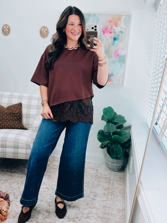 Sienna Brown Lace Trim Top