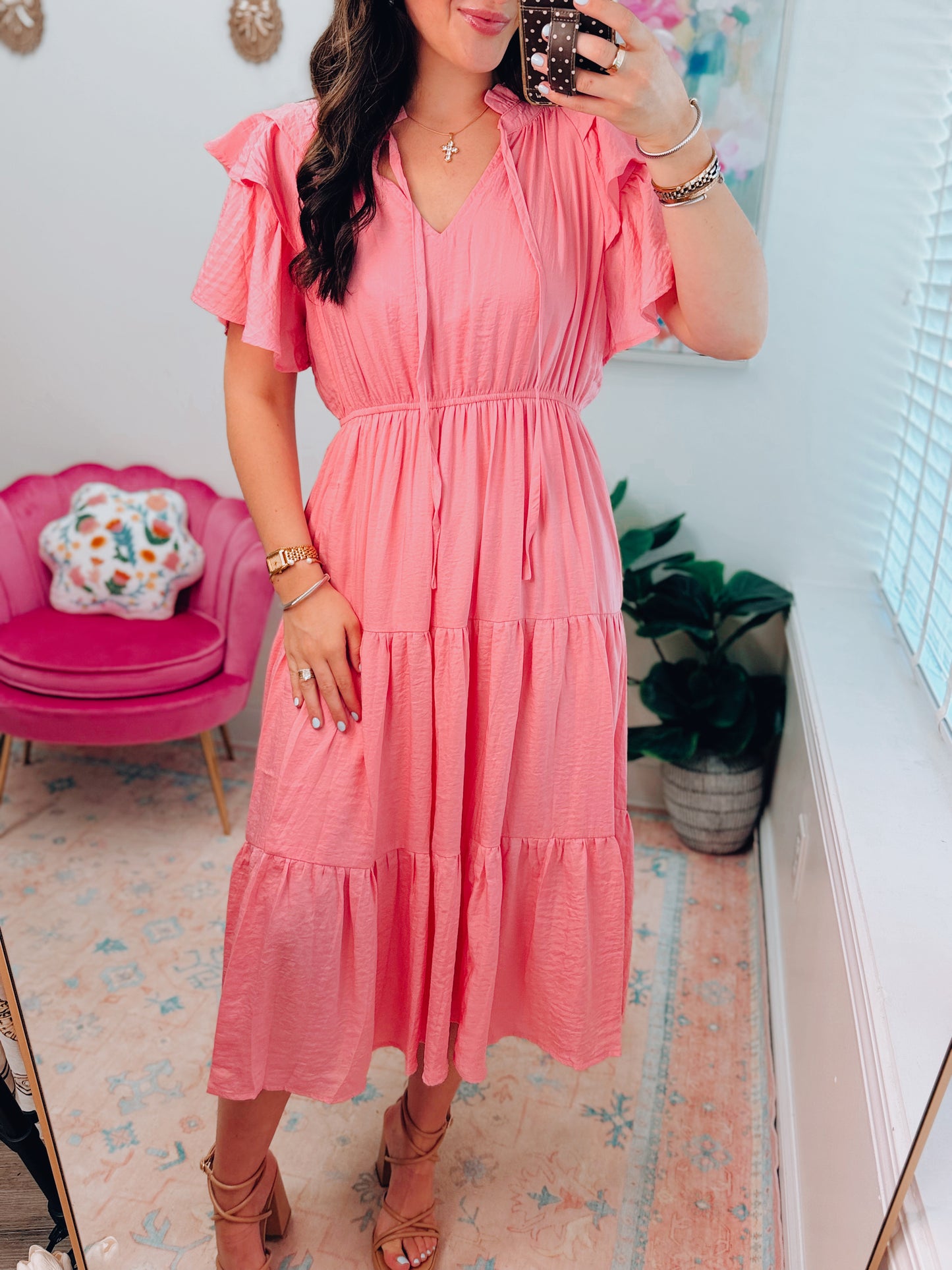 Pink Silk Ruffle Midi Dress