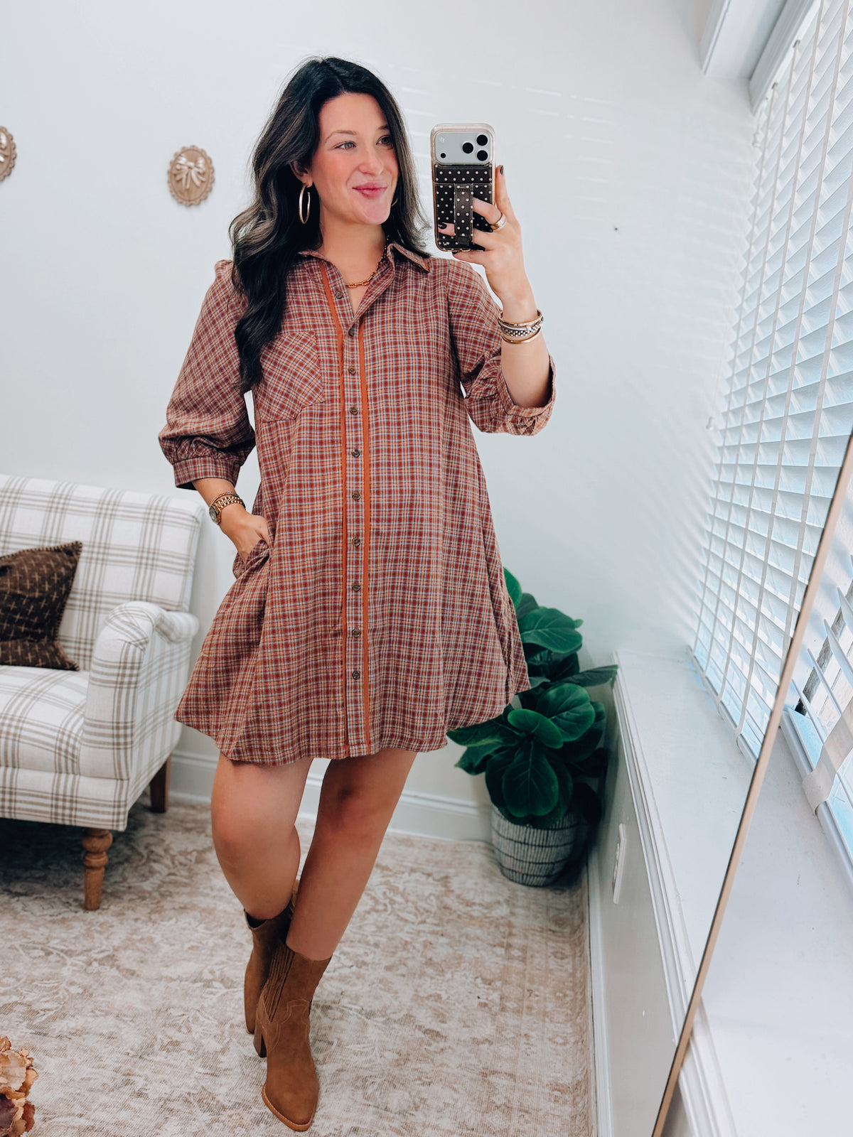 Rust Flannel Button Tee Dress