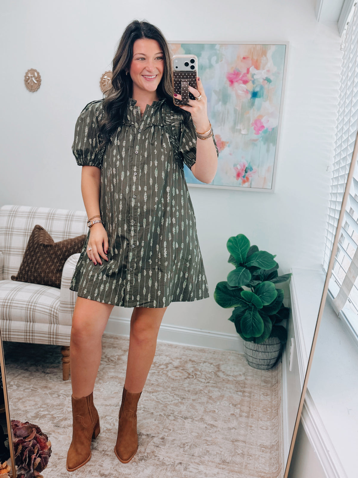 Sage Pleated Olive Mix Mini Dress