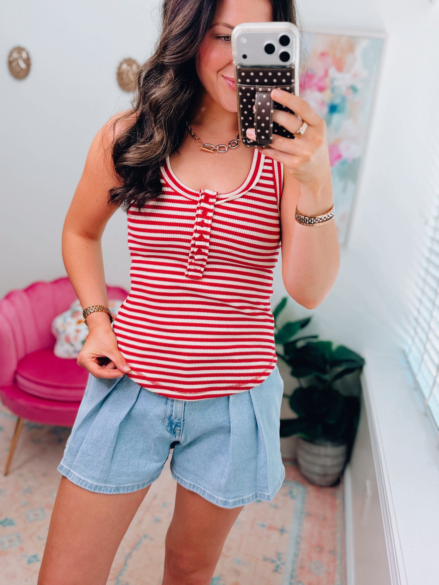 Red & Cream Striped Button Knit Tank