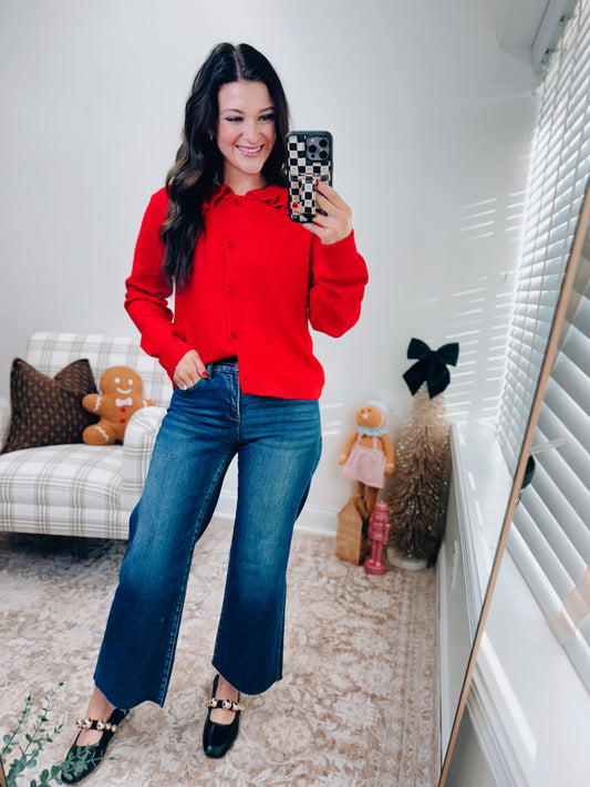 Ruffle Collar Cardigan Sweater - Red