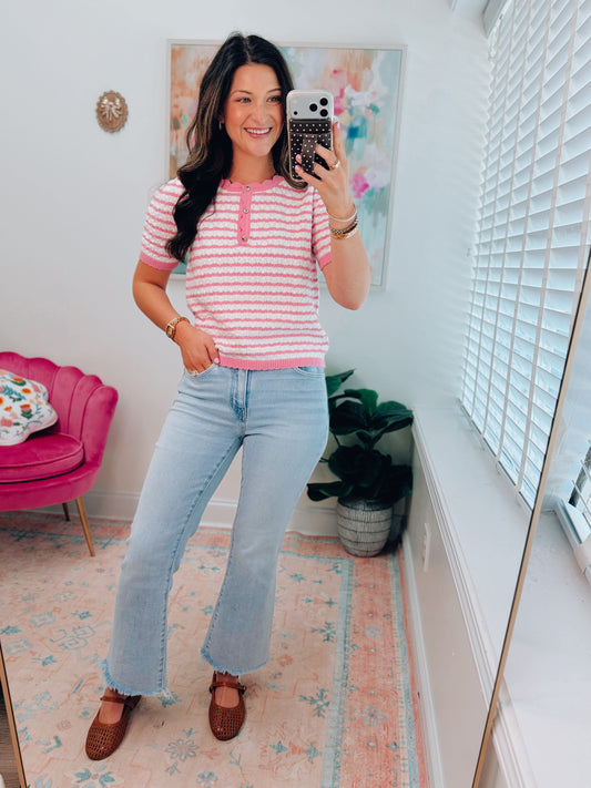 Chloe Striped Knit Gold Button Top