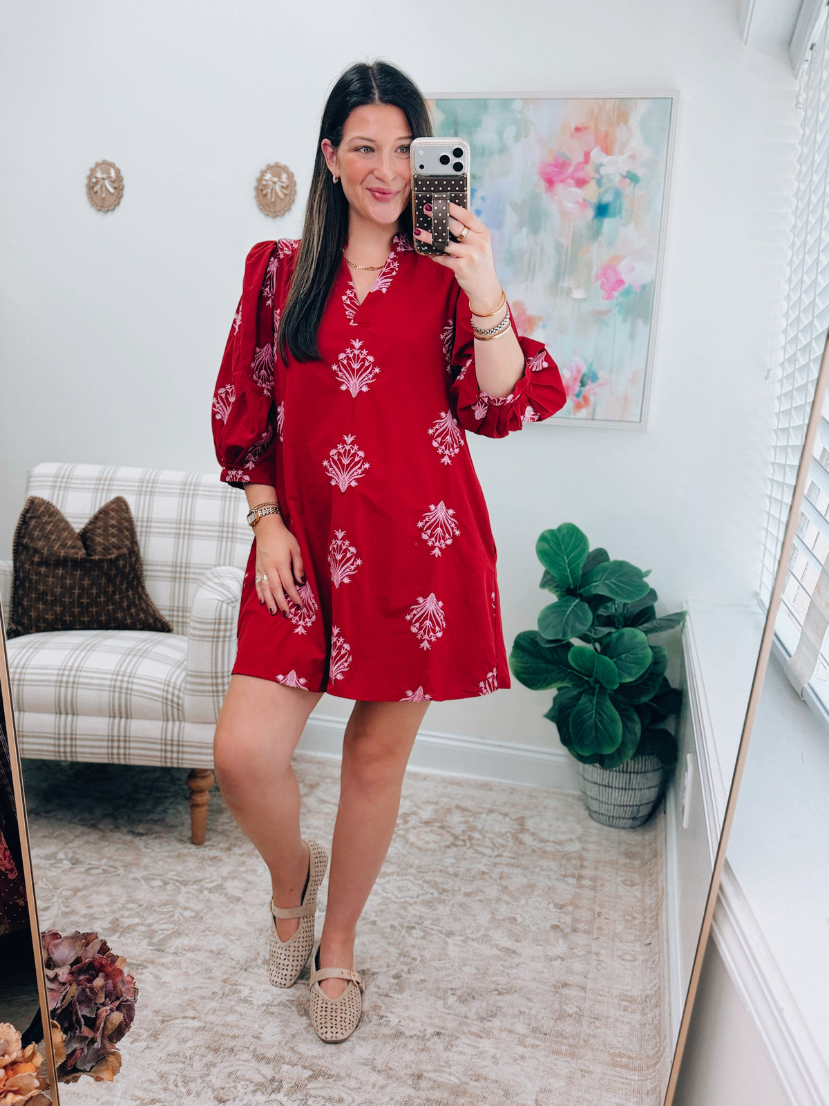 Burgundy Embroidered Mini Dress