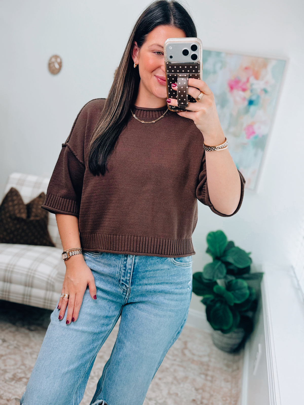 Chocolate Knit Raw Hem Sweater Top