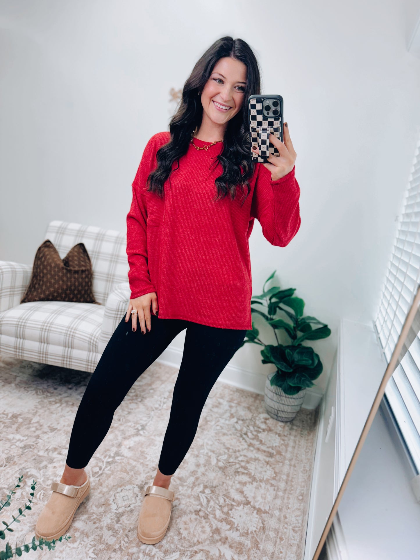 DOORBUSTER Pocket Brushed Ribbed Top - Red