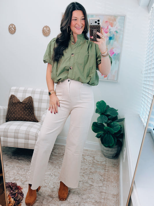 Annie Oatmeal Front Pocket Wide-Leg Denim
