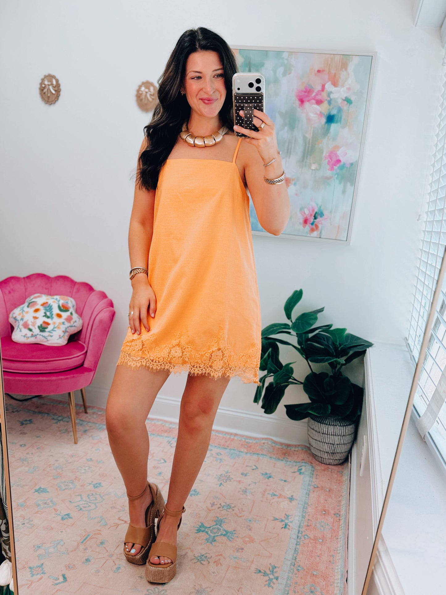 Orange Lace Trim Mini Dress
