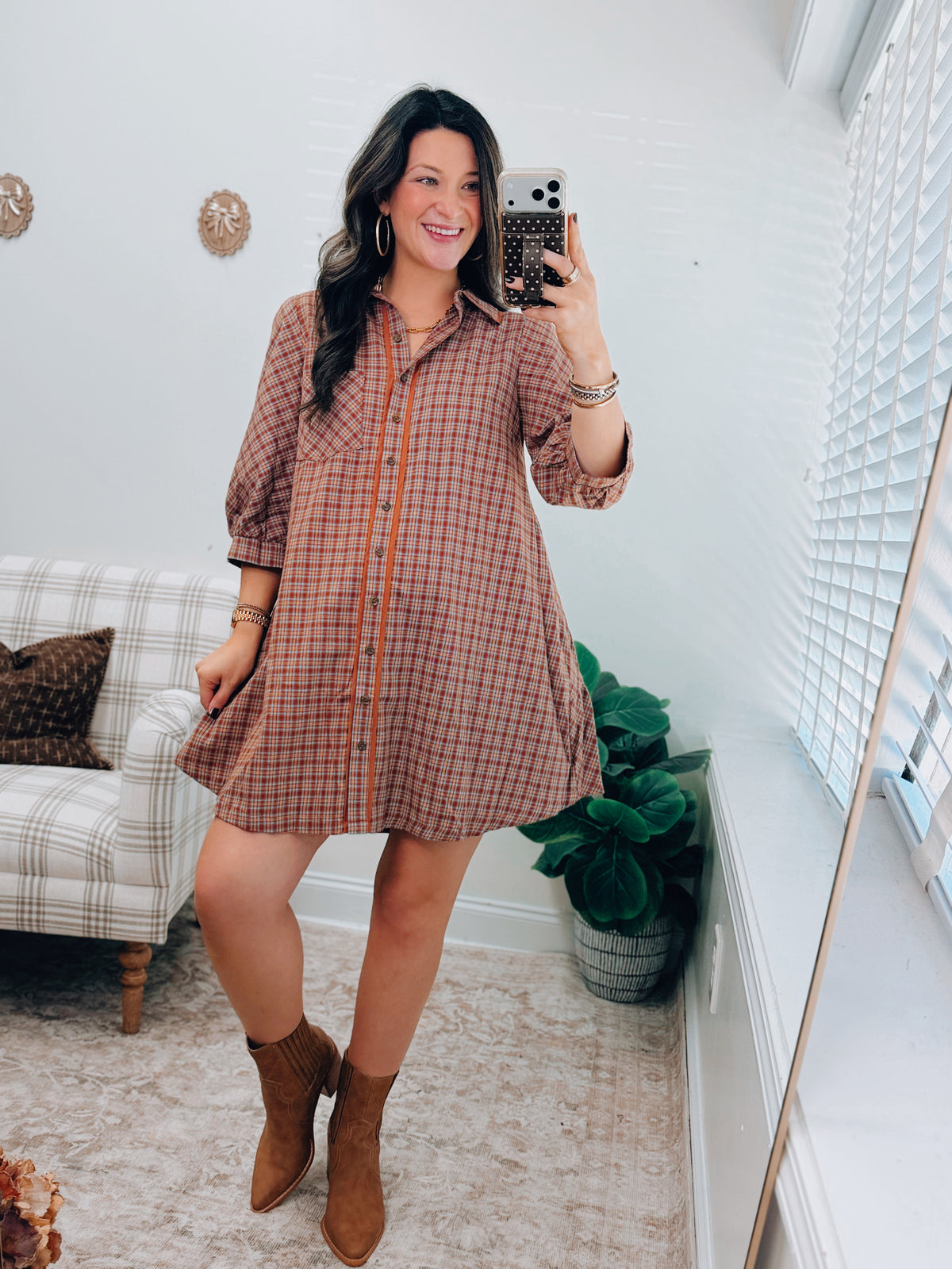 Rust Flannel Button Tee Dress