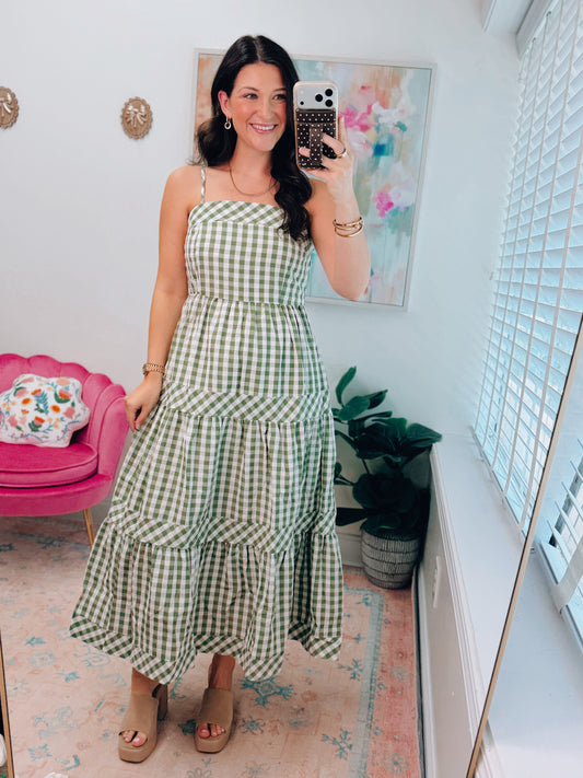 Olive Gingham Tiered Midi Dress