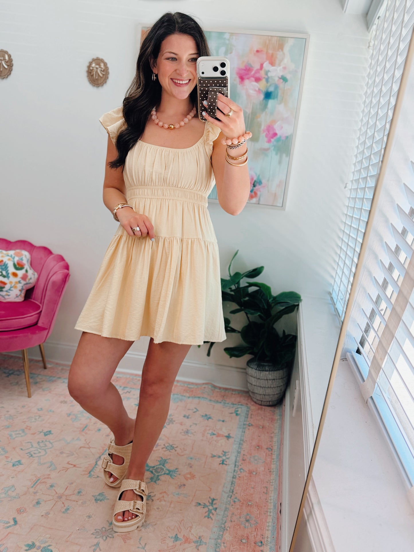 Shirred Flounce Butter Yellow Mini Dress