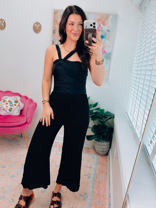 Black Twisted Shoulder One Piece Swimsuit