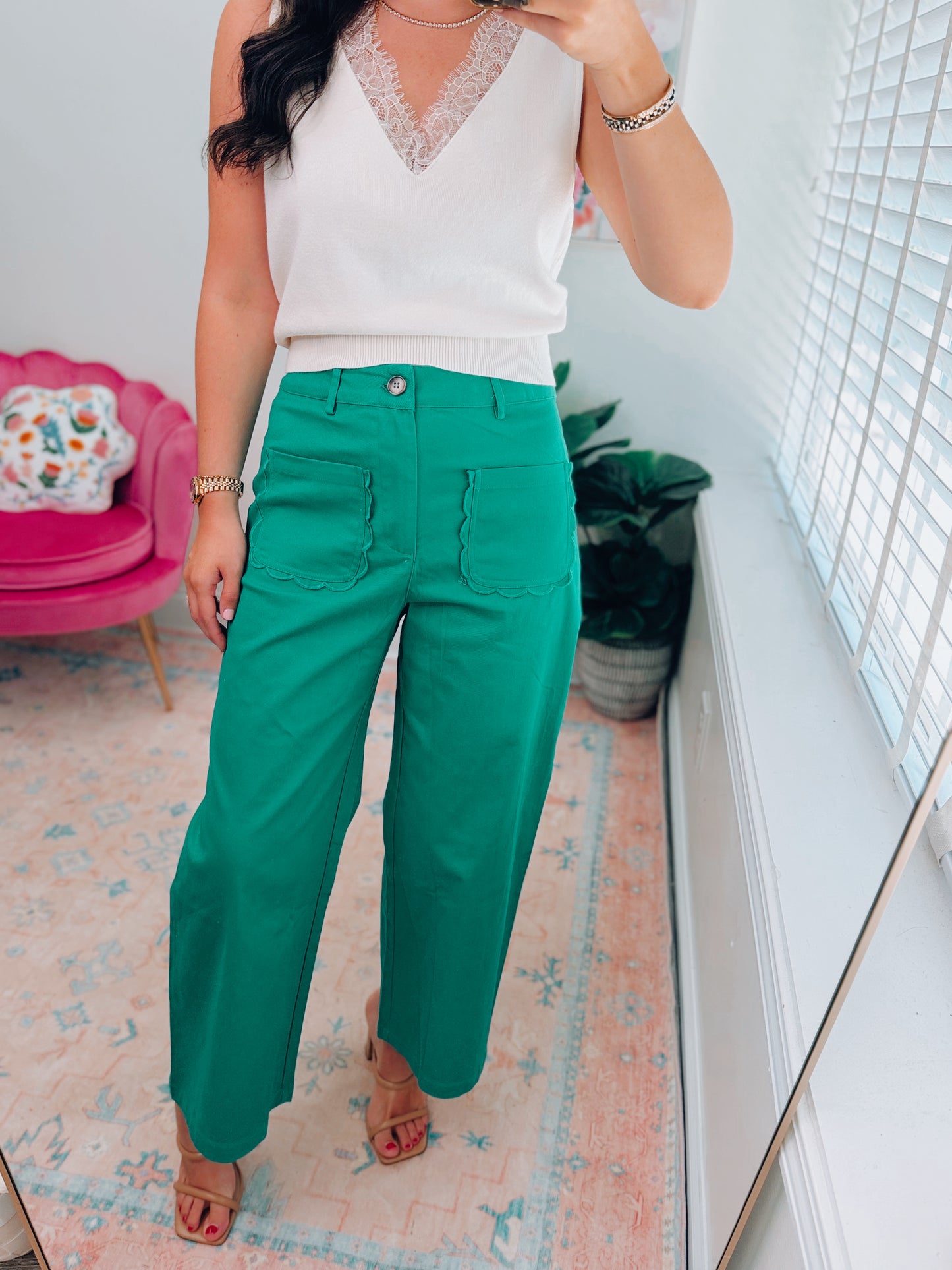 Green Scalloped Wide Leg Pant