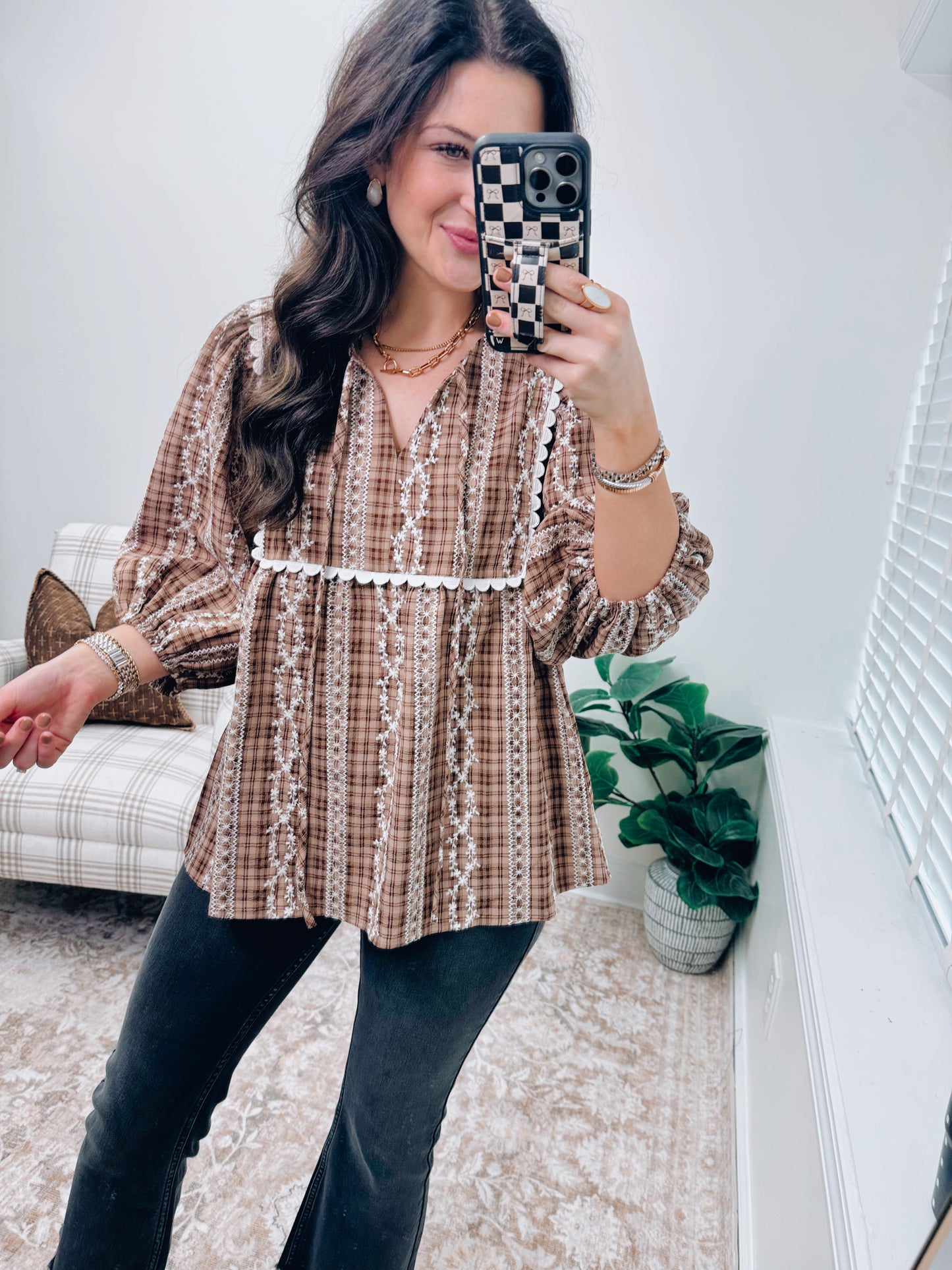 Scallop Trim Embroidery Plaid Babydoll Top