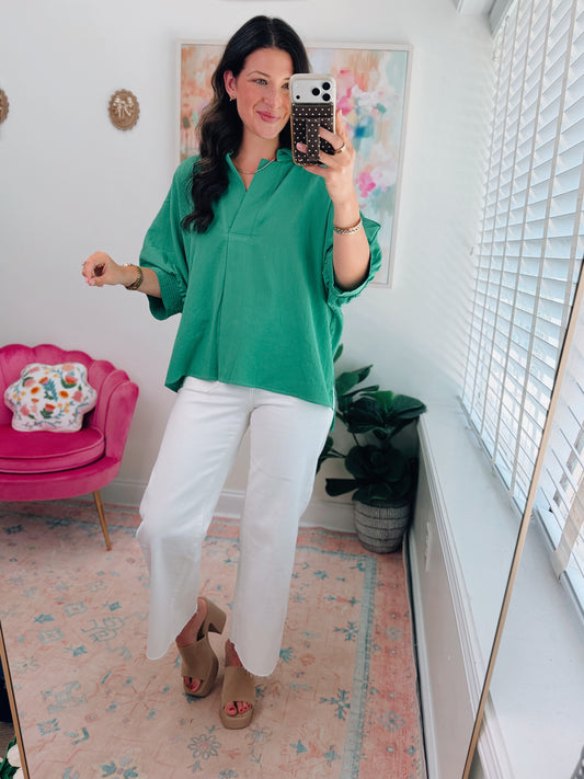 Dallas Green Dolman Split Top