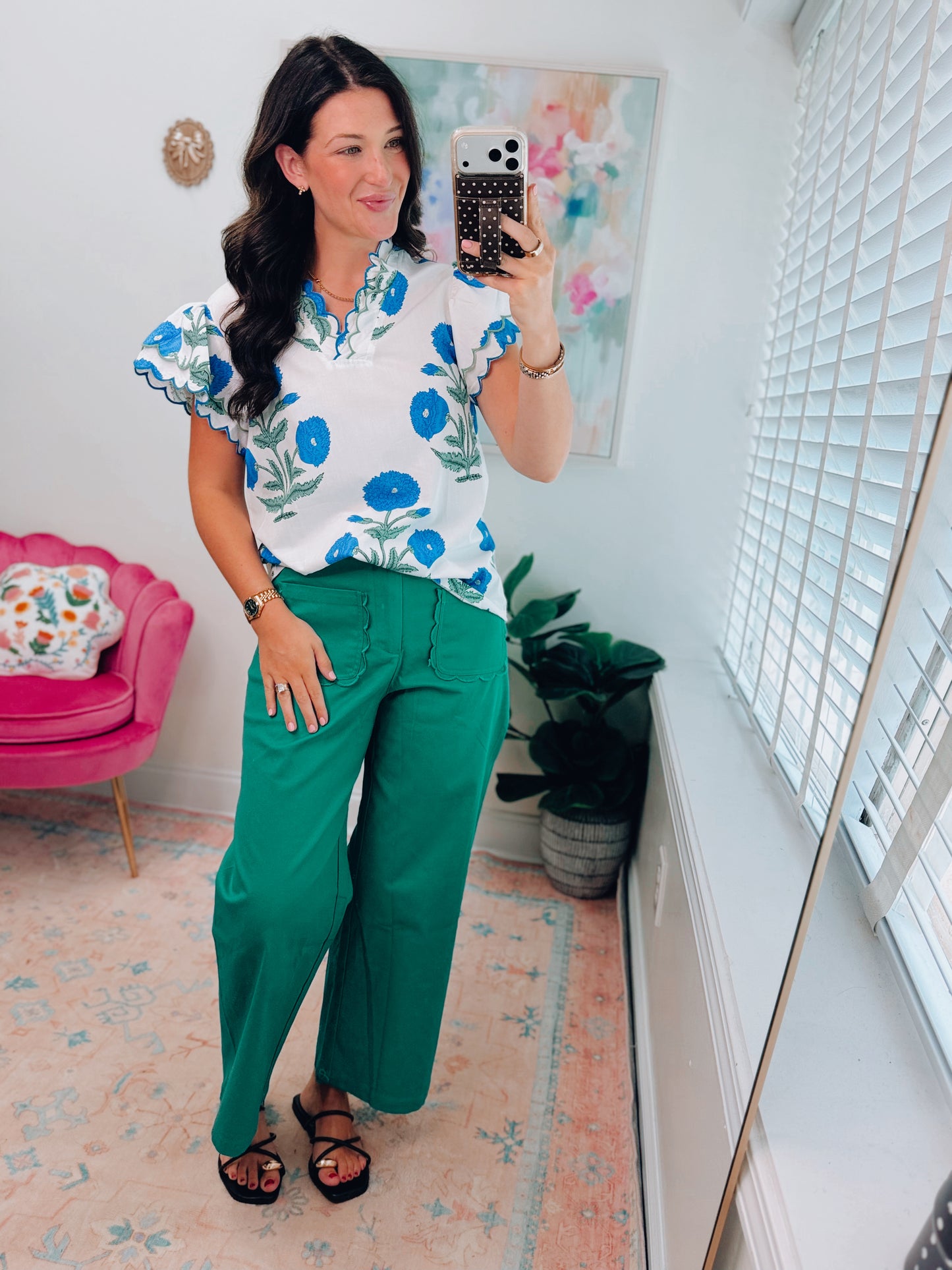 Caroline Blue Floral Scallop Top
