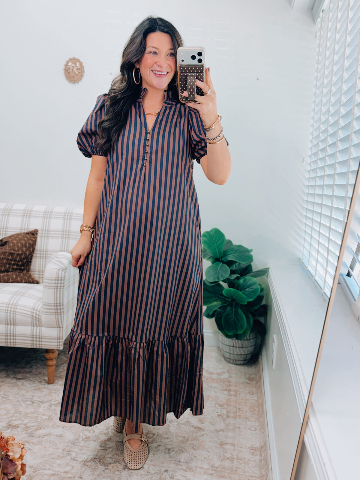 Mocha Navy Striped Button Midi Dress
