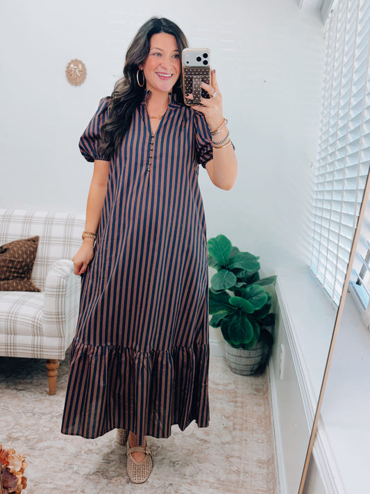 Mocha Navy Striped Button Midi Dress