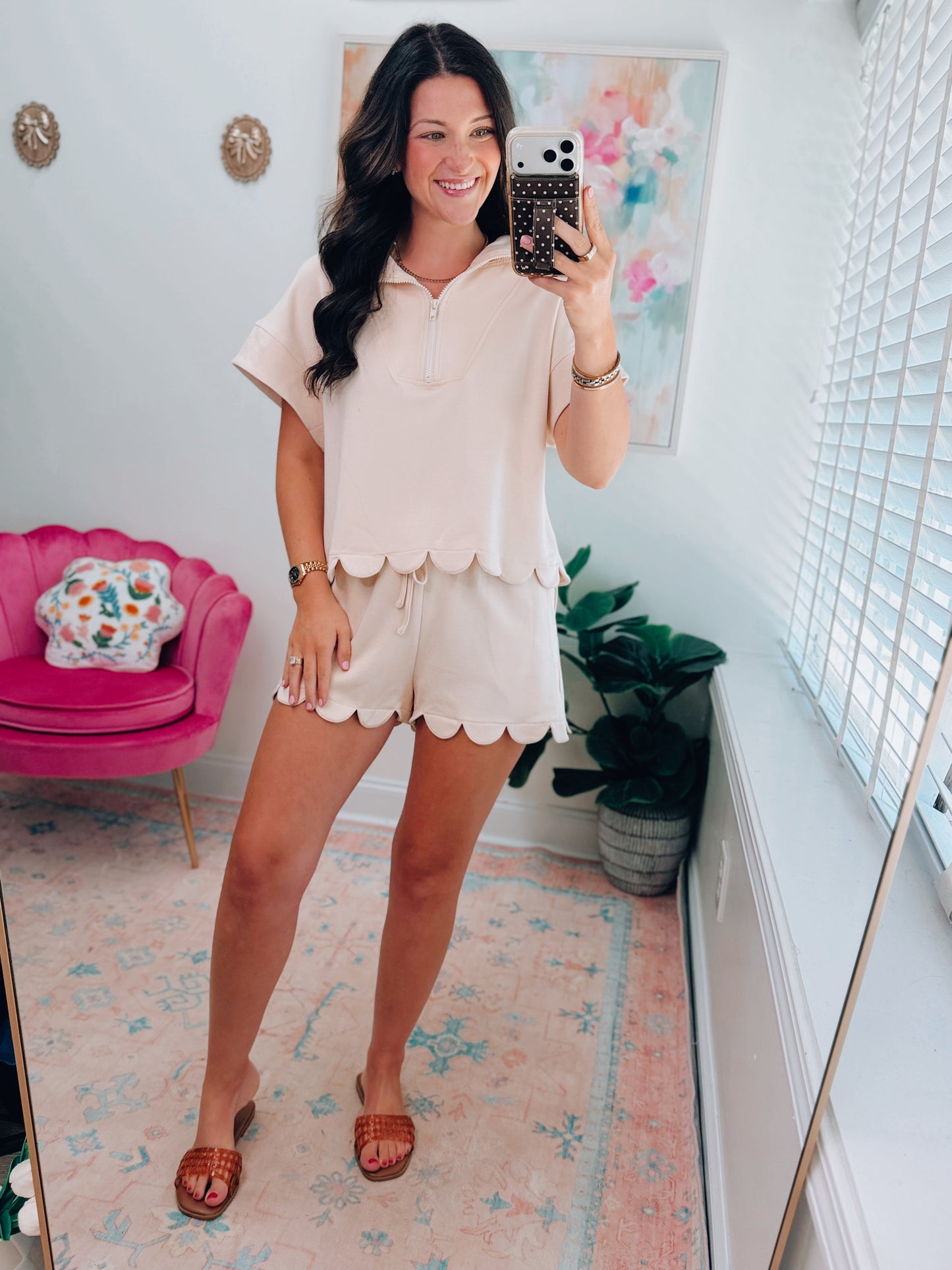 Beige Scalloped Scuba Shorts Set