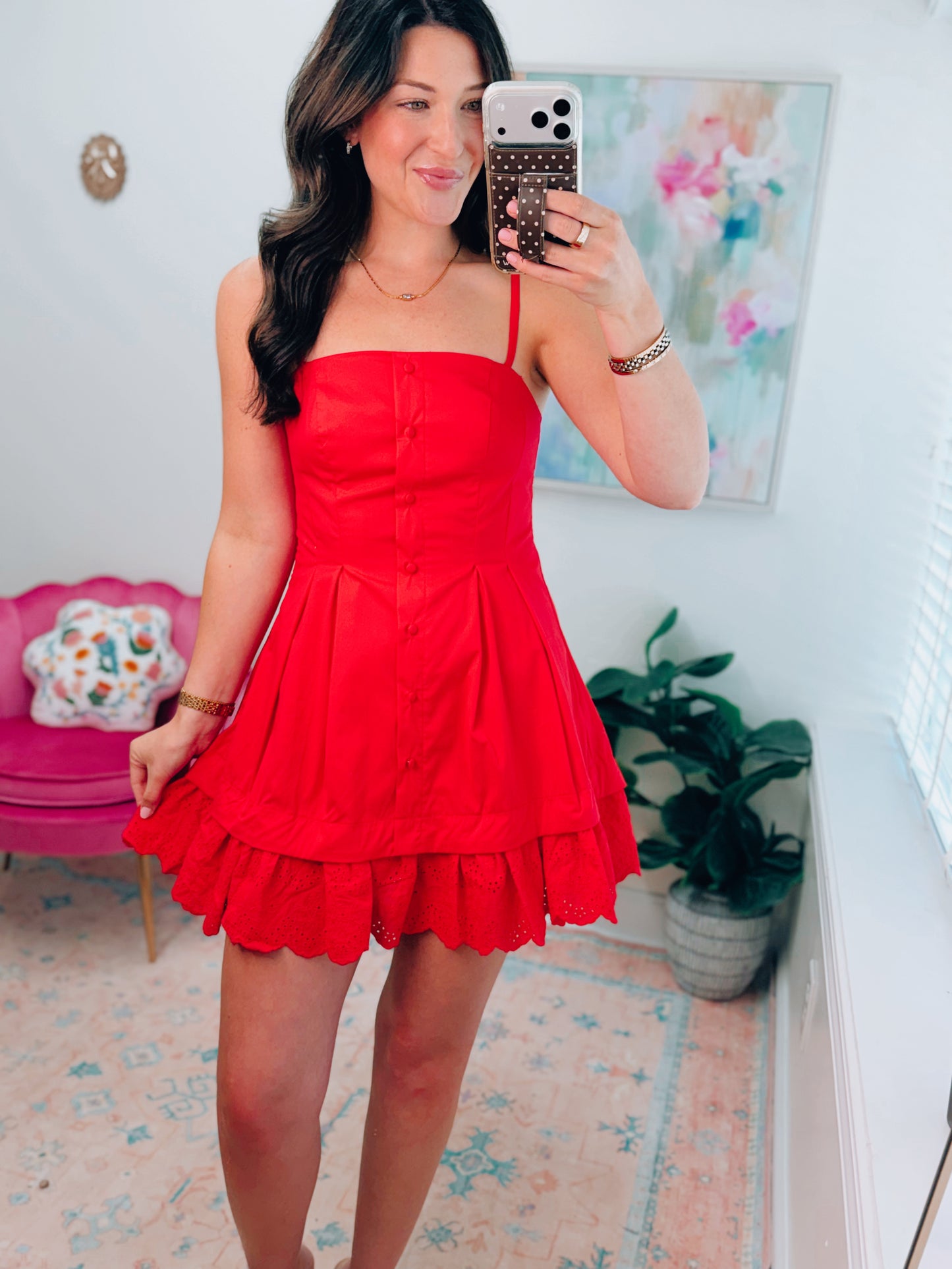 Poplin Pleated Eyelet Mini Dress - Red
