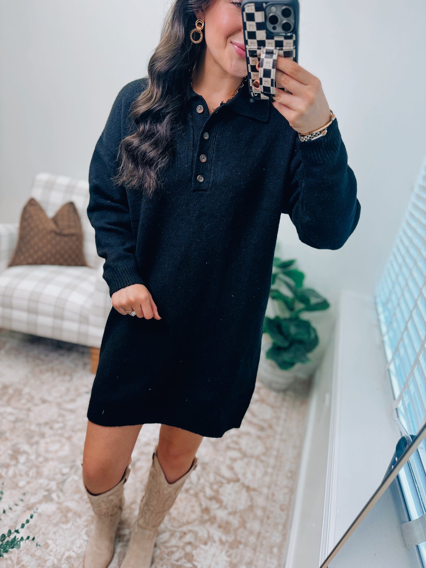 Collier Button Mini Sweater Dress