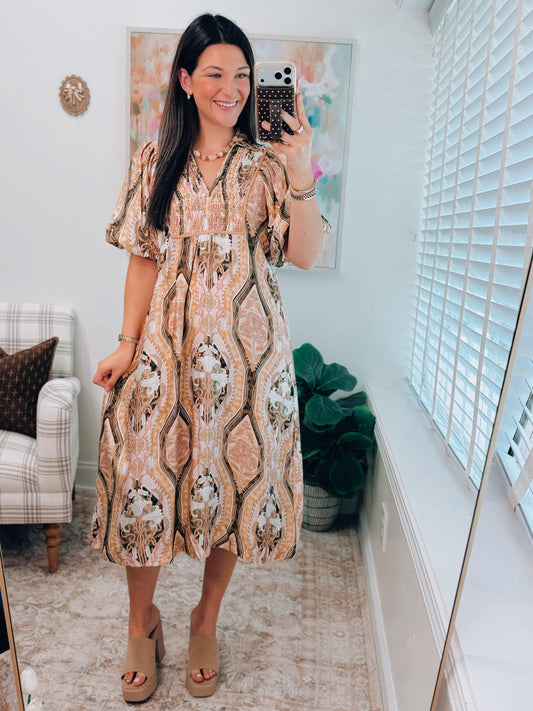 Hazel Smocked Mix Midi Dress