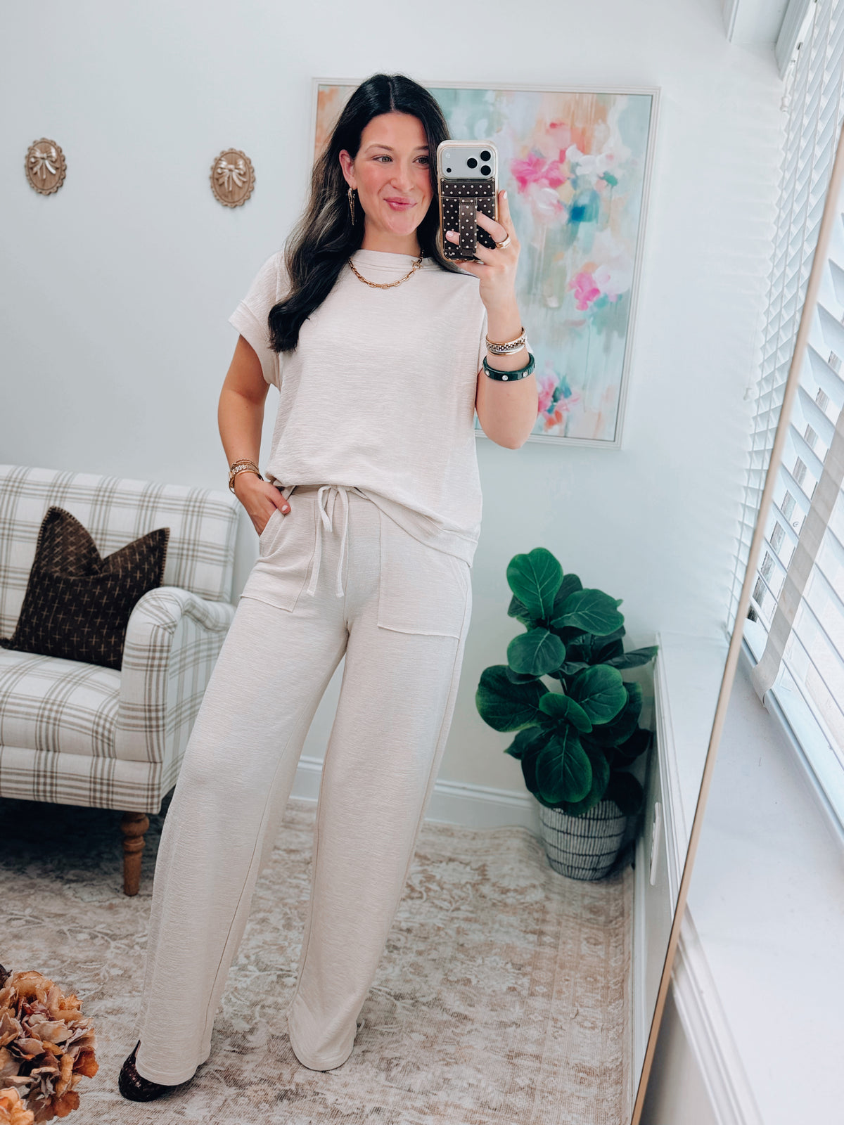Sand Beige Textured Knit Pants Set