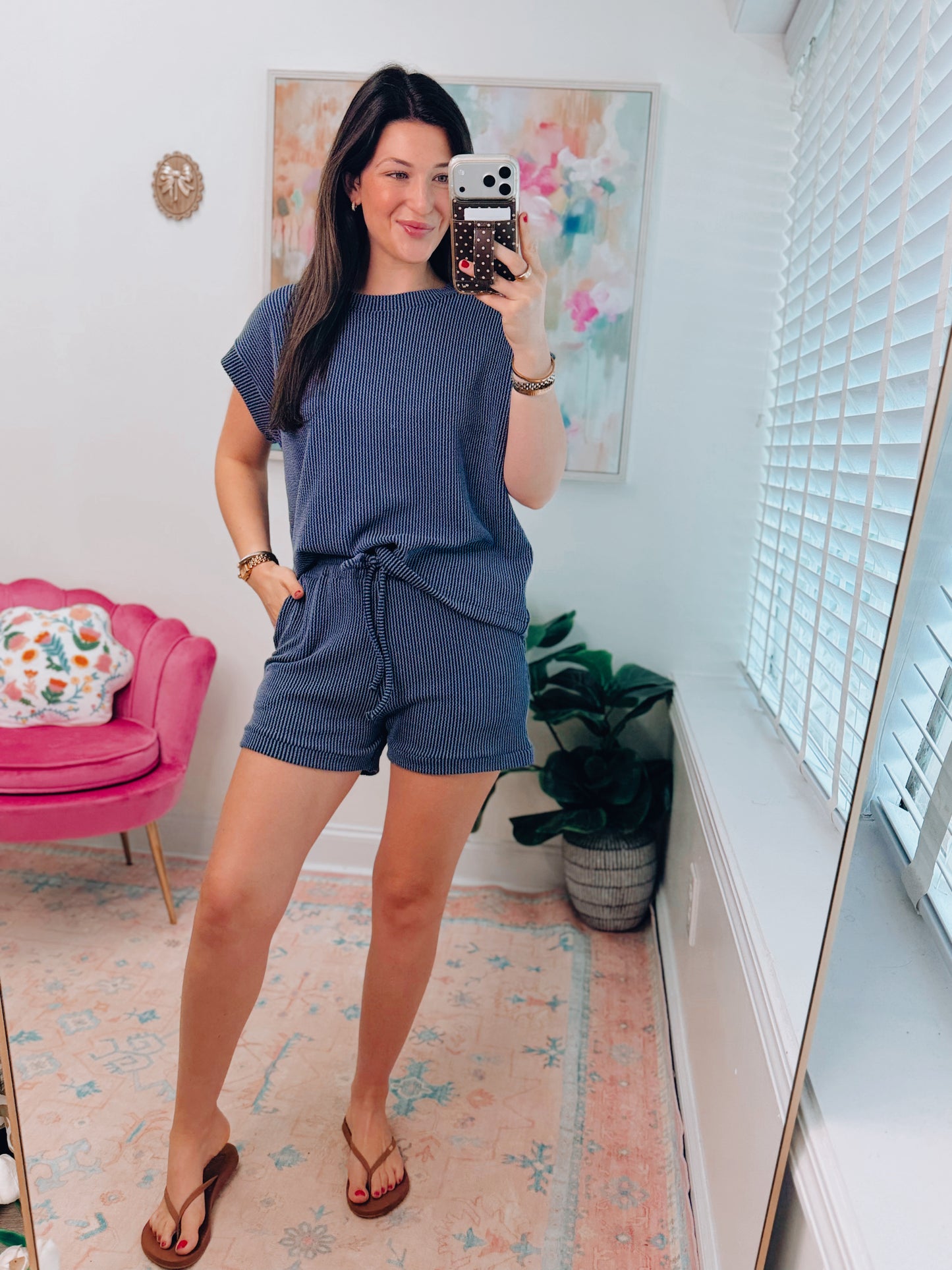 Navy Ribbed Shorts Set