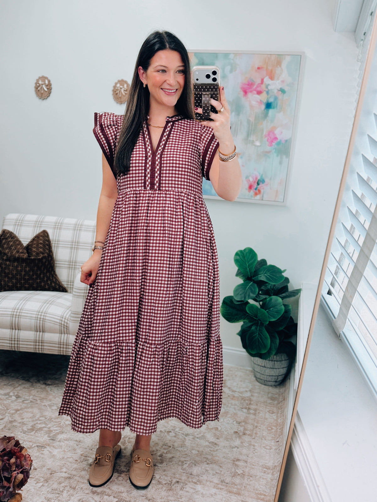 Maroon Gingham Ruffle Midi Dress