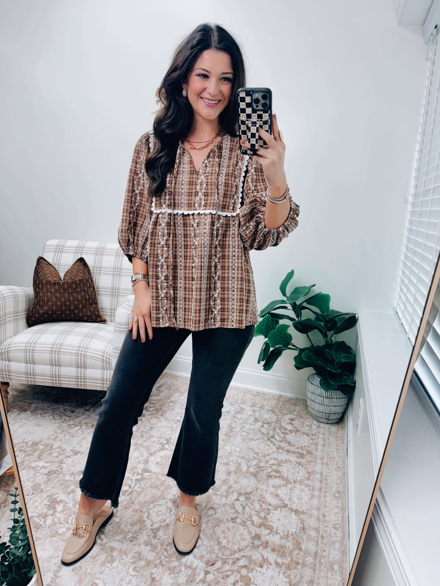 Scallop Trim Embroidery Plaid Babydoll Top