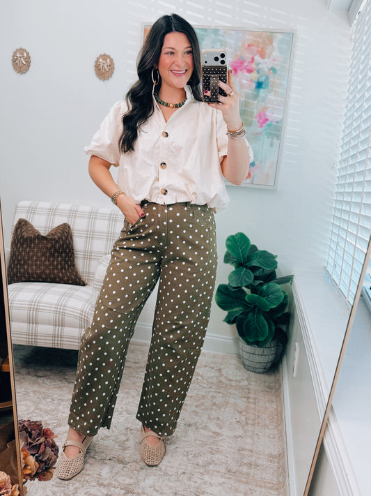Olive Polka Dot Barrel Denim