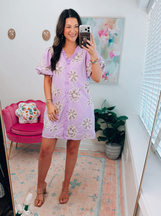 Lavender Raised Floral Button Mini Dress