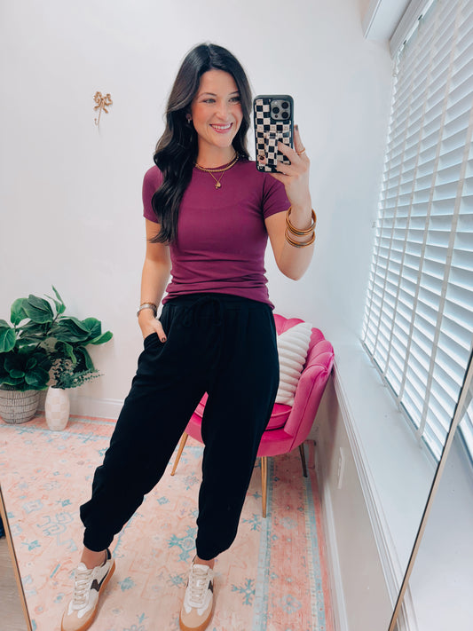 Essential Short-Sleeved Micro-Ribbed Top - Plum