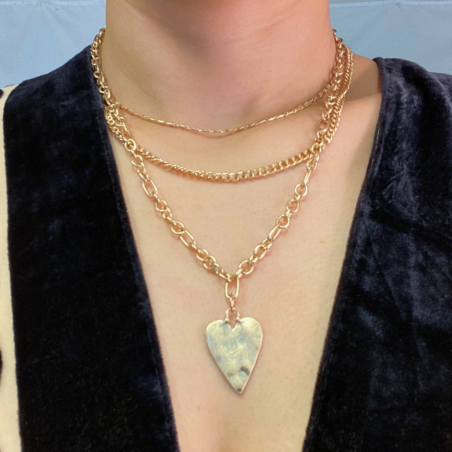 Heart Charm Layered Chain Necklace Set