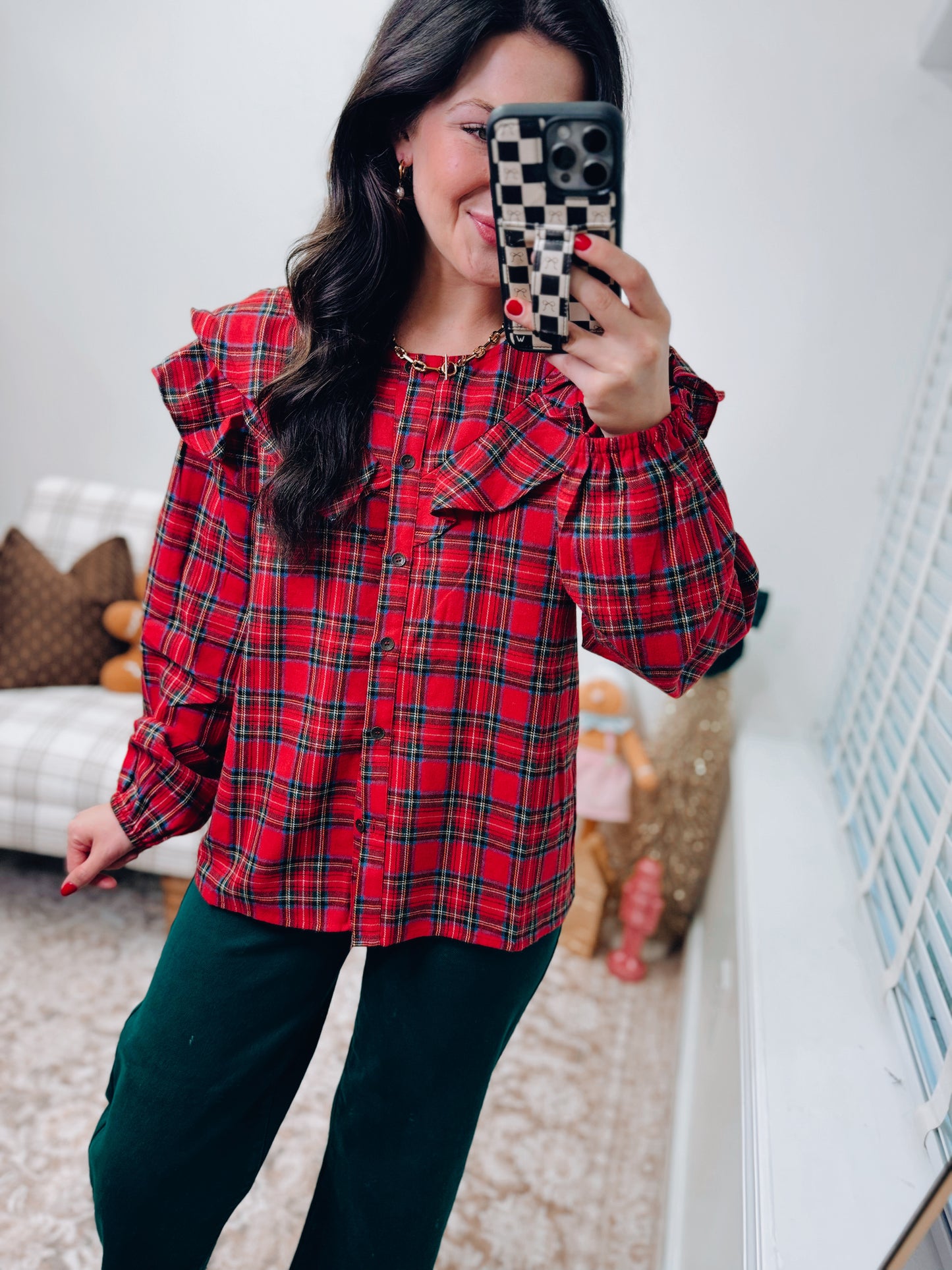 Christmas Plaid Button Ruffle Top