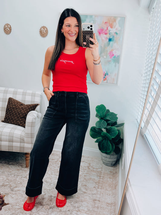 Georgia Embroidered Ribbed Tank Top - Red