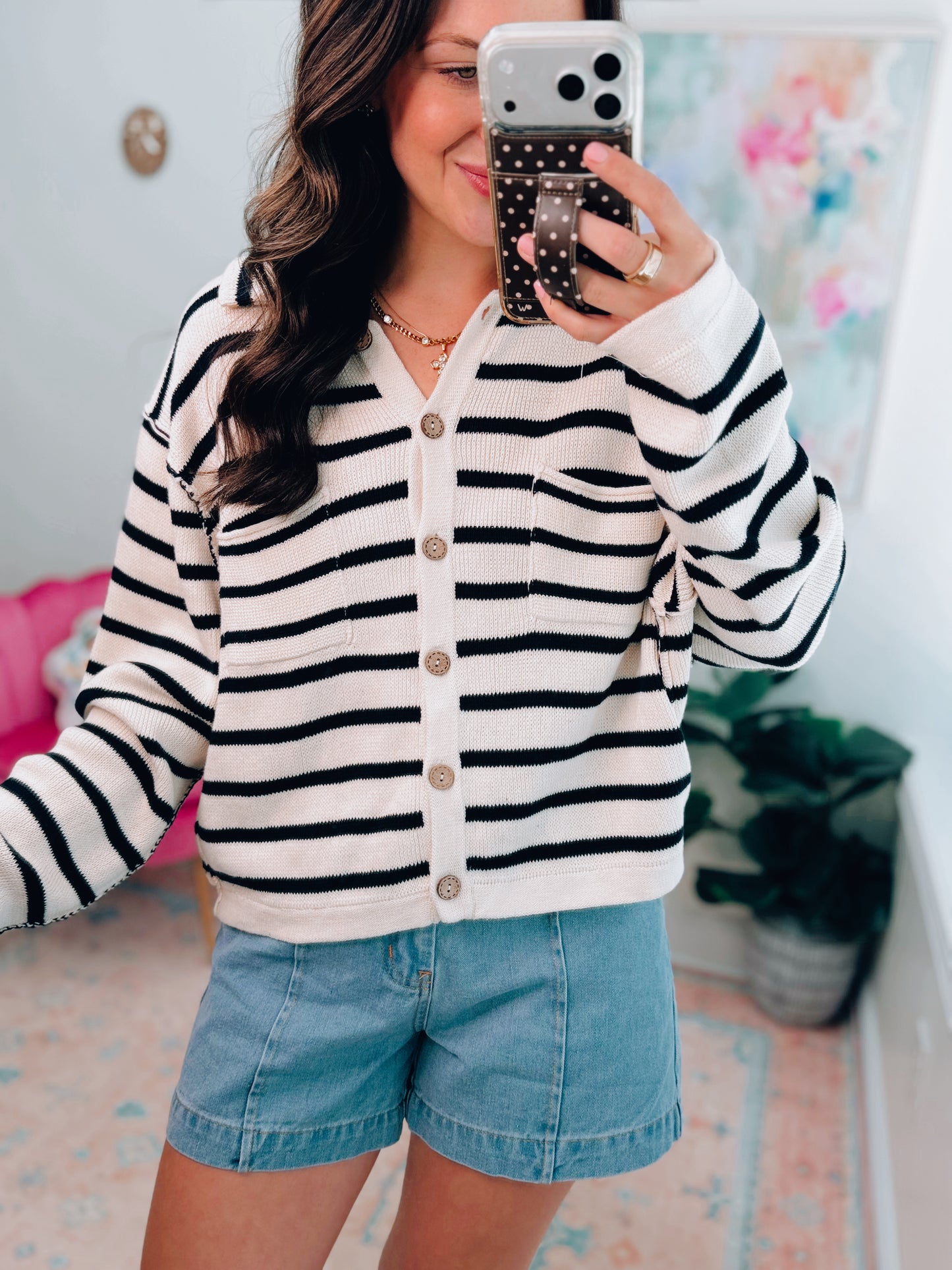 Wood Button Knit Striped Cardigan Top