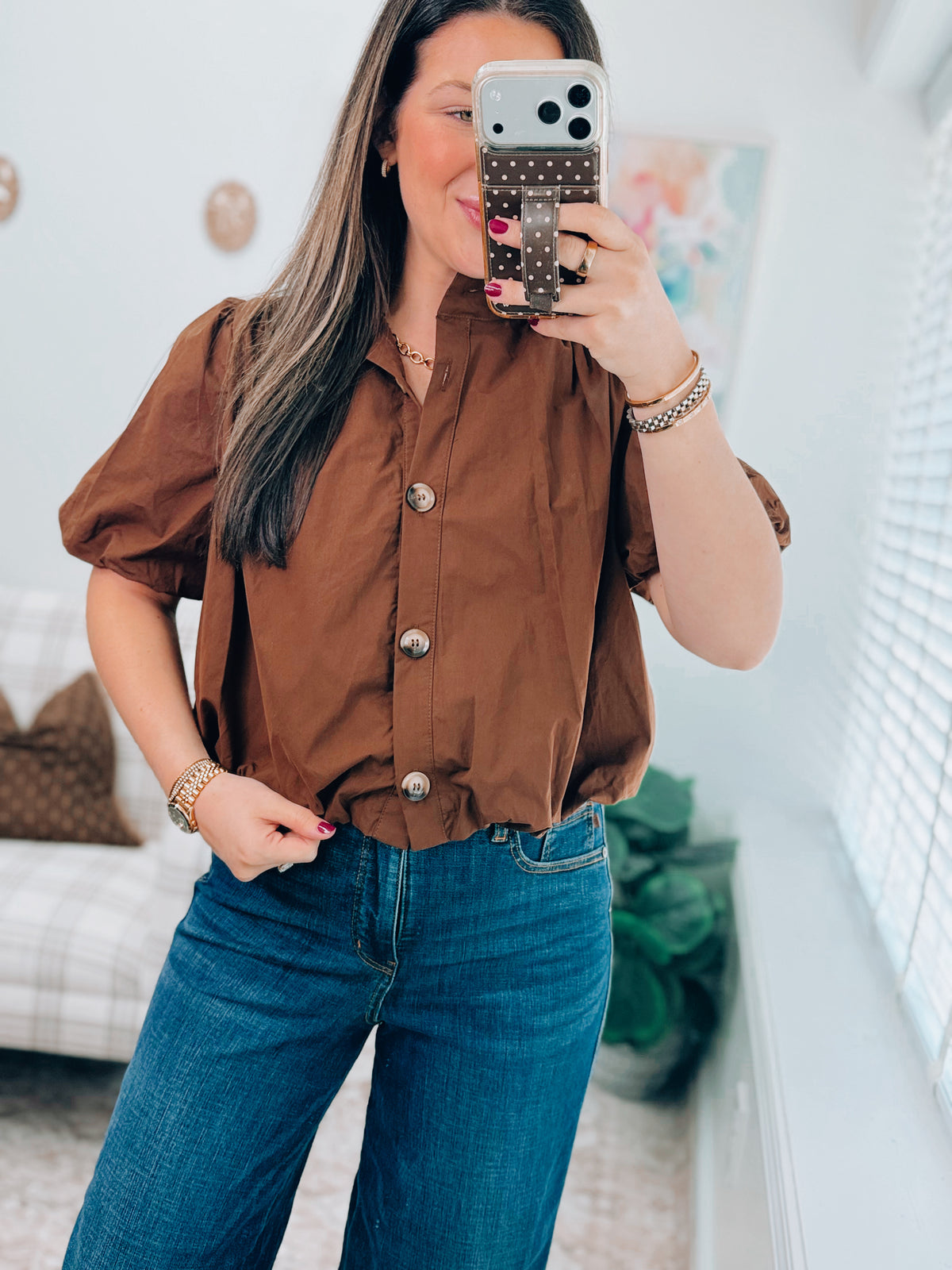 Gracie Button Bubble Hem Top - Brown