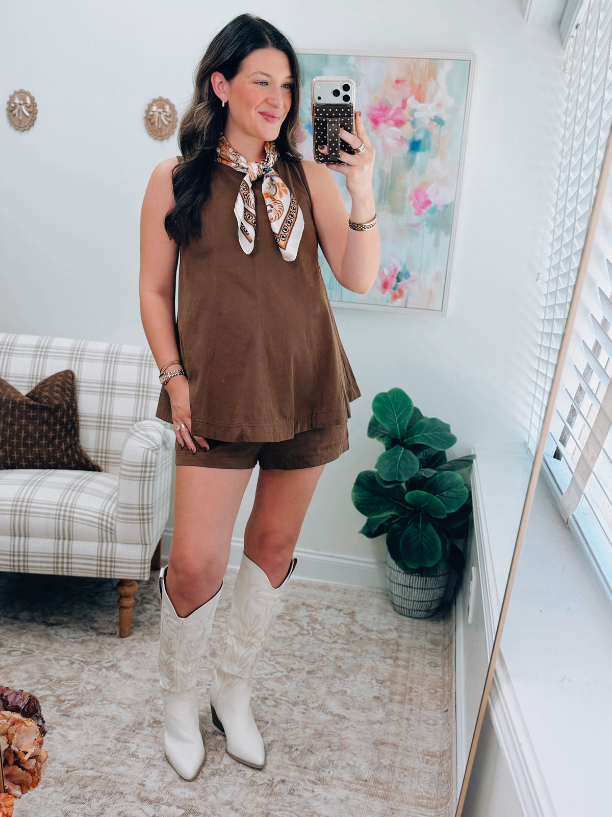 Brown Suede Twill Shorts Set