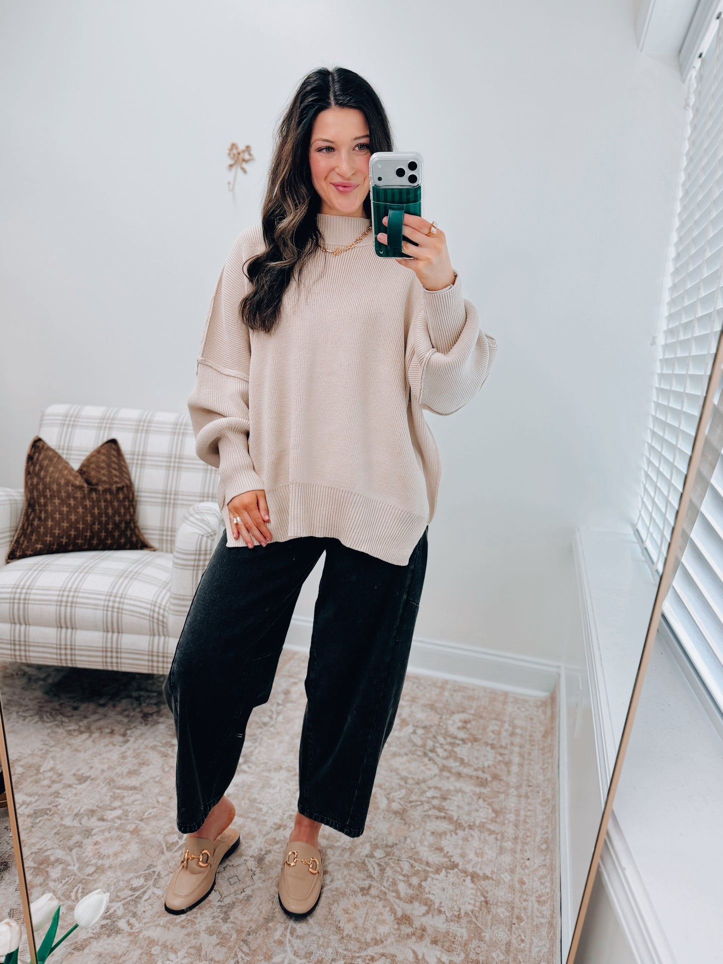 CURVY Millie Ribbed Oversized Sweater Top - Sand Beige